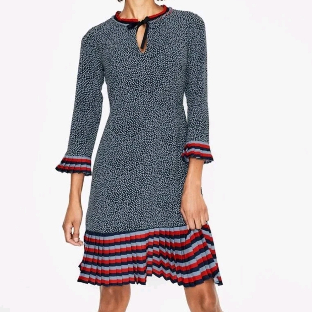 Boden Lara Knee Pleated Trim Dress Polka Dot Navy Blue Red Shift 12 L Split Neck